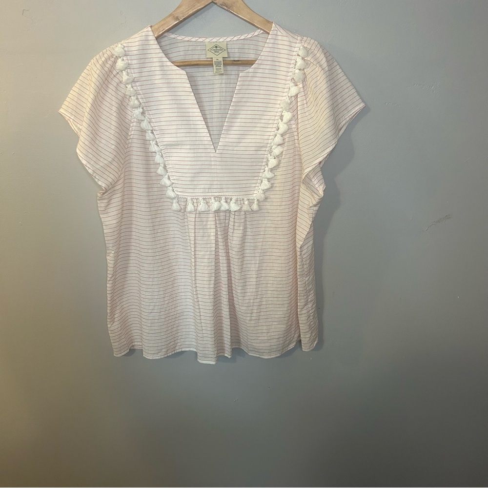 St. John's Bay Striped Tasseled Summer Top Red and White Flutter Sleeve Size XL